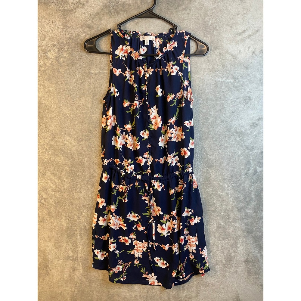 Lila Rose Mini Dress Womens 0 Floral Navy Blue Sleeveless Drawstring EUC